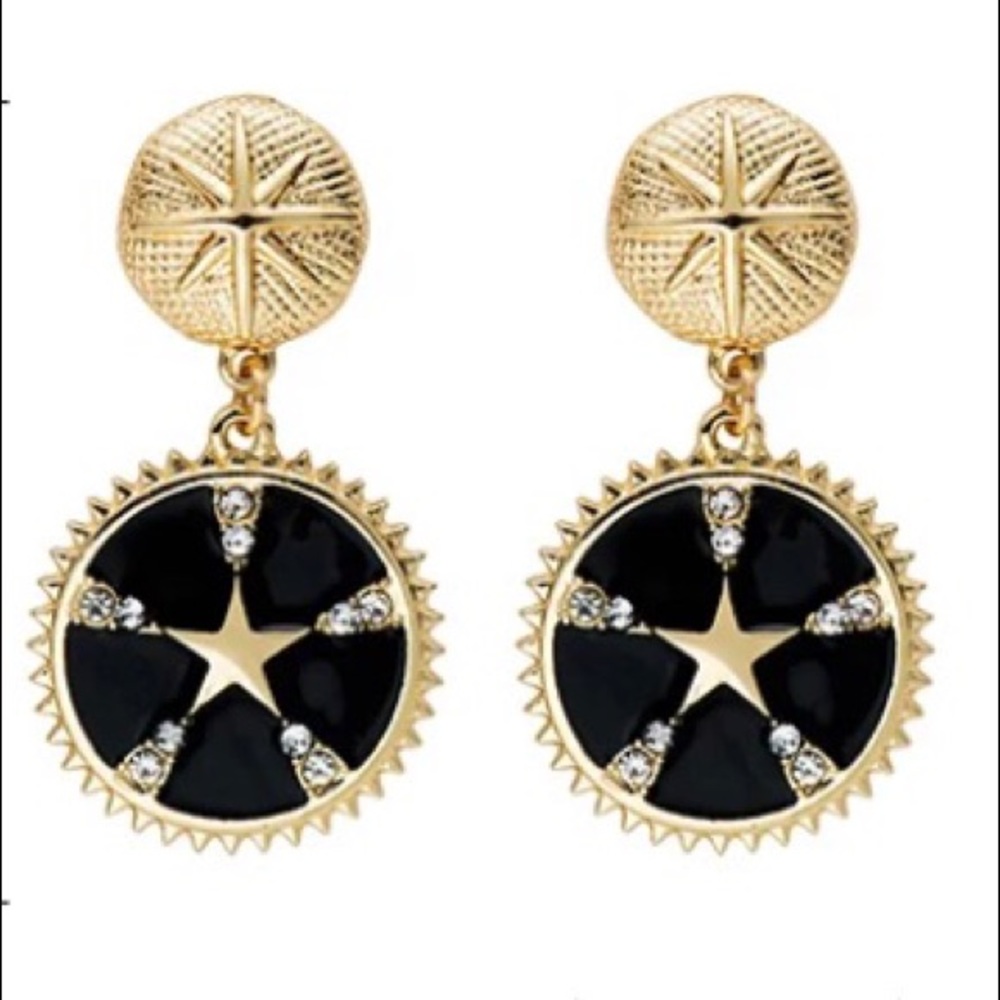 Black & Gold Star Coin Drop Earrings Crystals NWT
